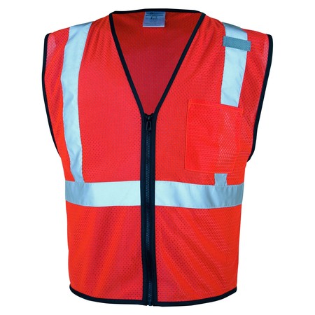 KISHIGO L-XL, Fluorescent Red, Class 2, Single Pocket Zipper Mesh Vest, Econ. 1719-L-XL